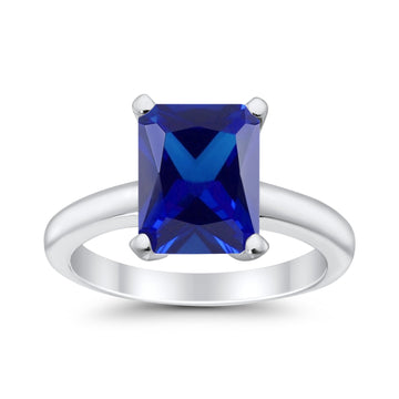 Solitaire Engagement Ring Radiant Simulated Blue Sapphire CZ 925 Sterling Silver